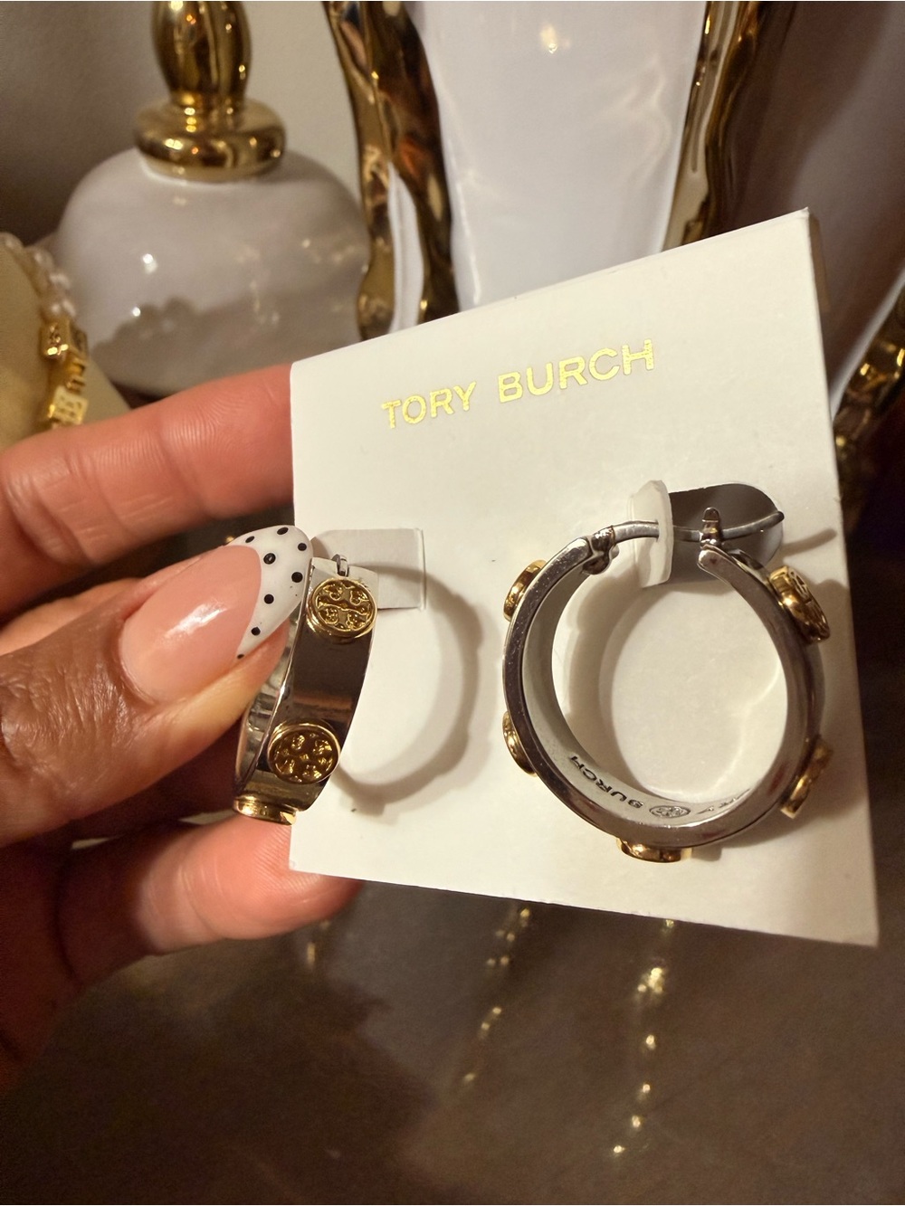 Tory Burch Two-Tone Gold and Silver Logo Hoop Earrings